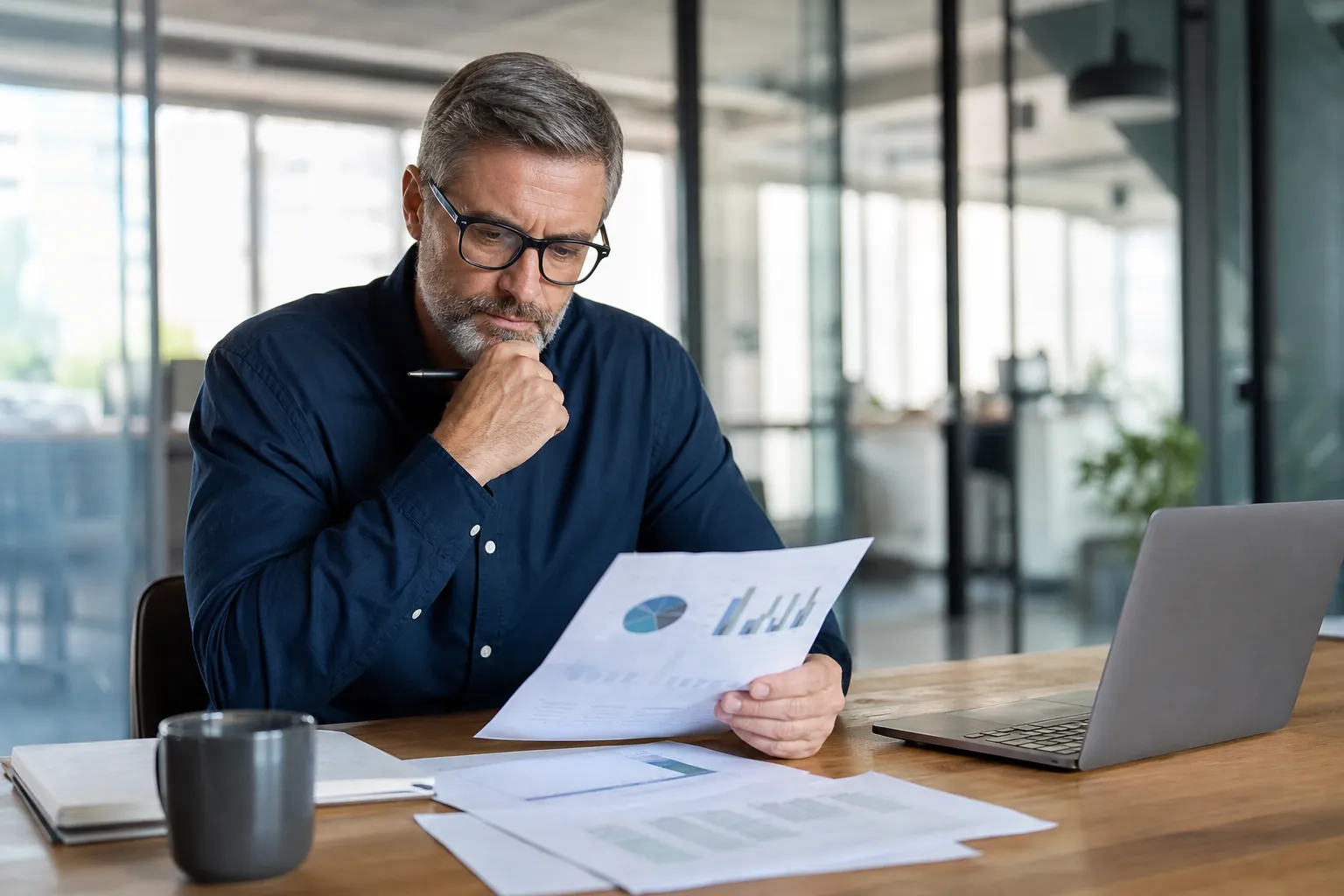 A man wearing glasses reviews a sheet of financial charts at an office table with a laptop, papers, and a gray mug.