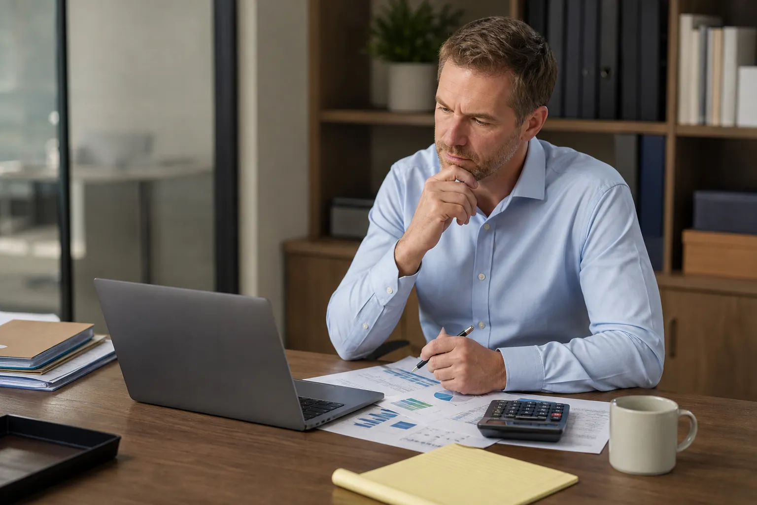 A man studies financial charts at a wooden desk with a laptop, calculator, pen, coffee mug, and yellow notepad.