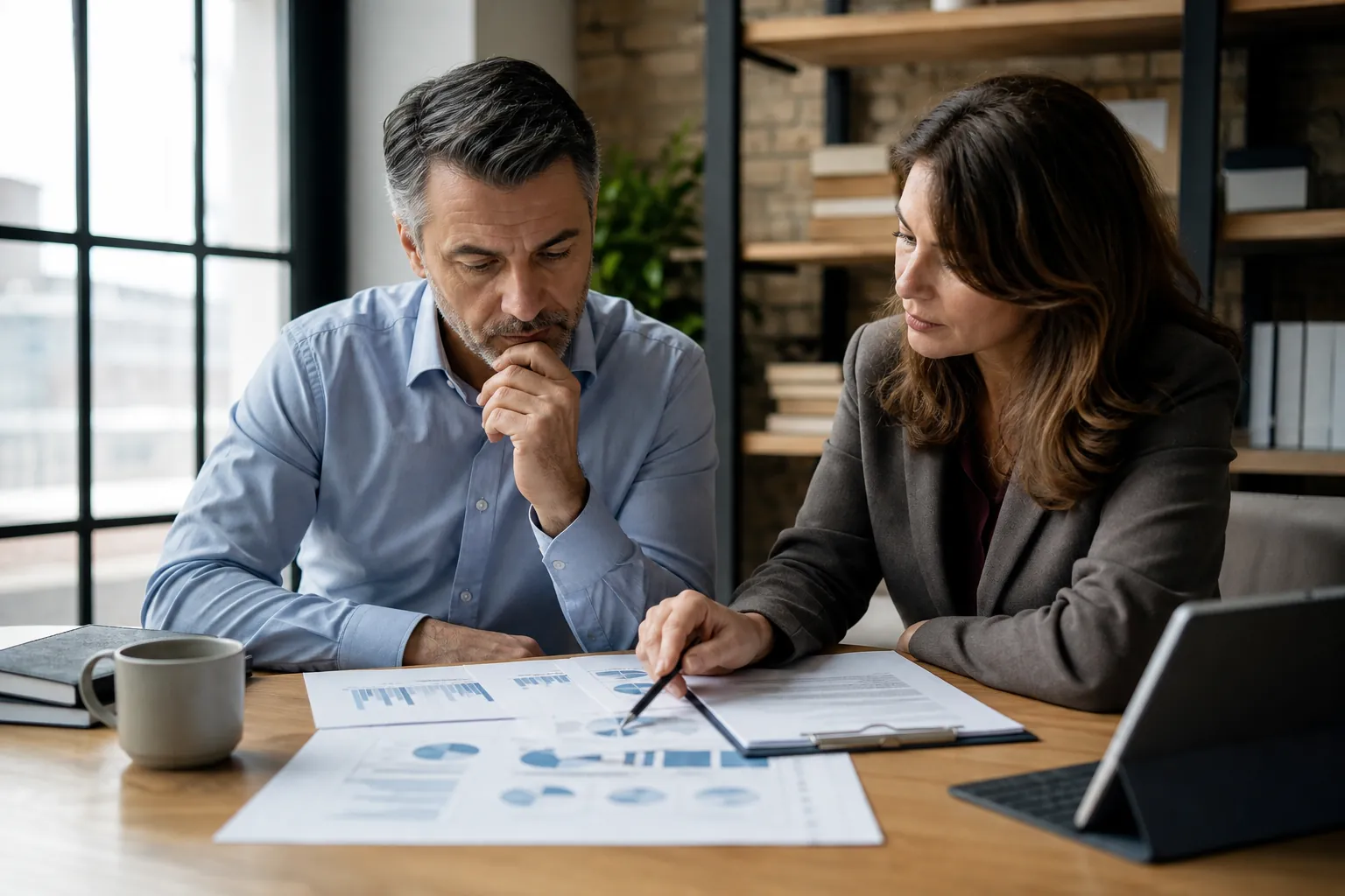 A man and woman review financial charts at an office table, with the woman pointing to a report beside a clipboard and tablet.