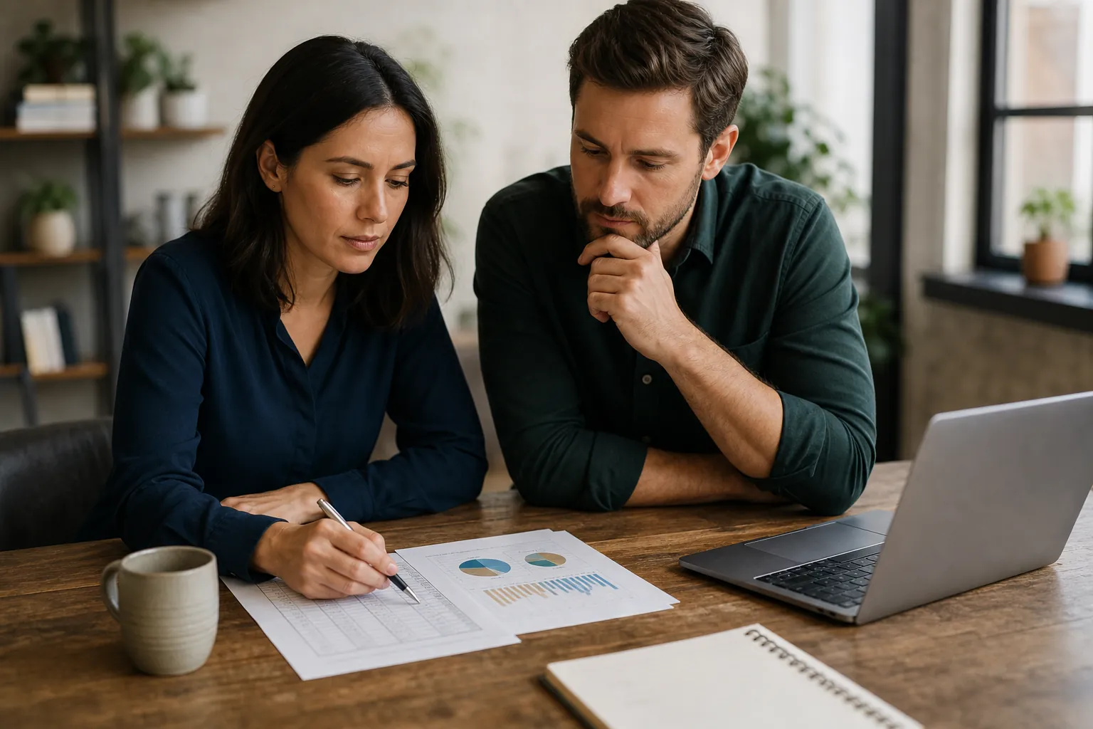 Founders Reviewing Cash Planning and Tax Reserve Charts Two professionals review financial charts beside a laptop while planning business cash reserves at a table.