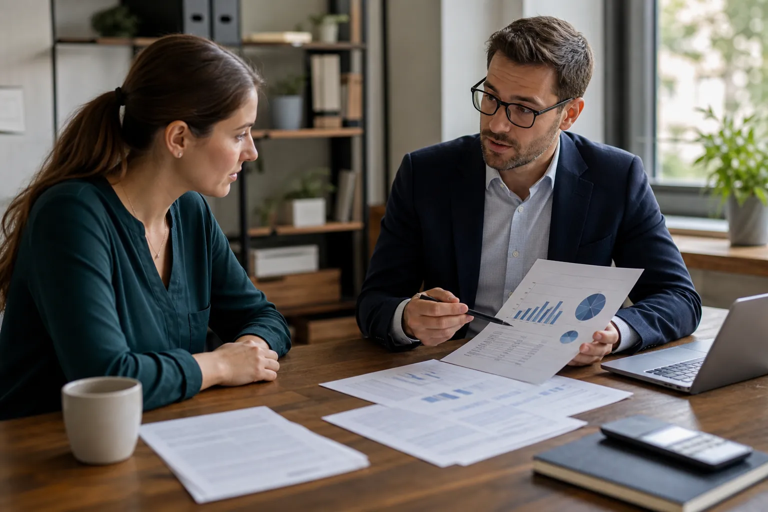Financial adviser discussing cash planning with a founder A financial adviser reviews charts and documents with a woman at a desk beside a laptop, calculator, and coffee mug.