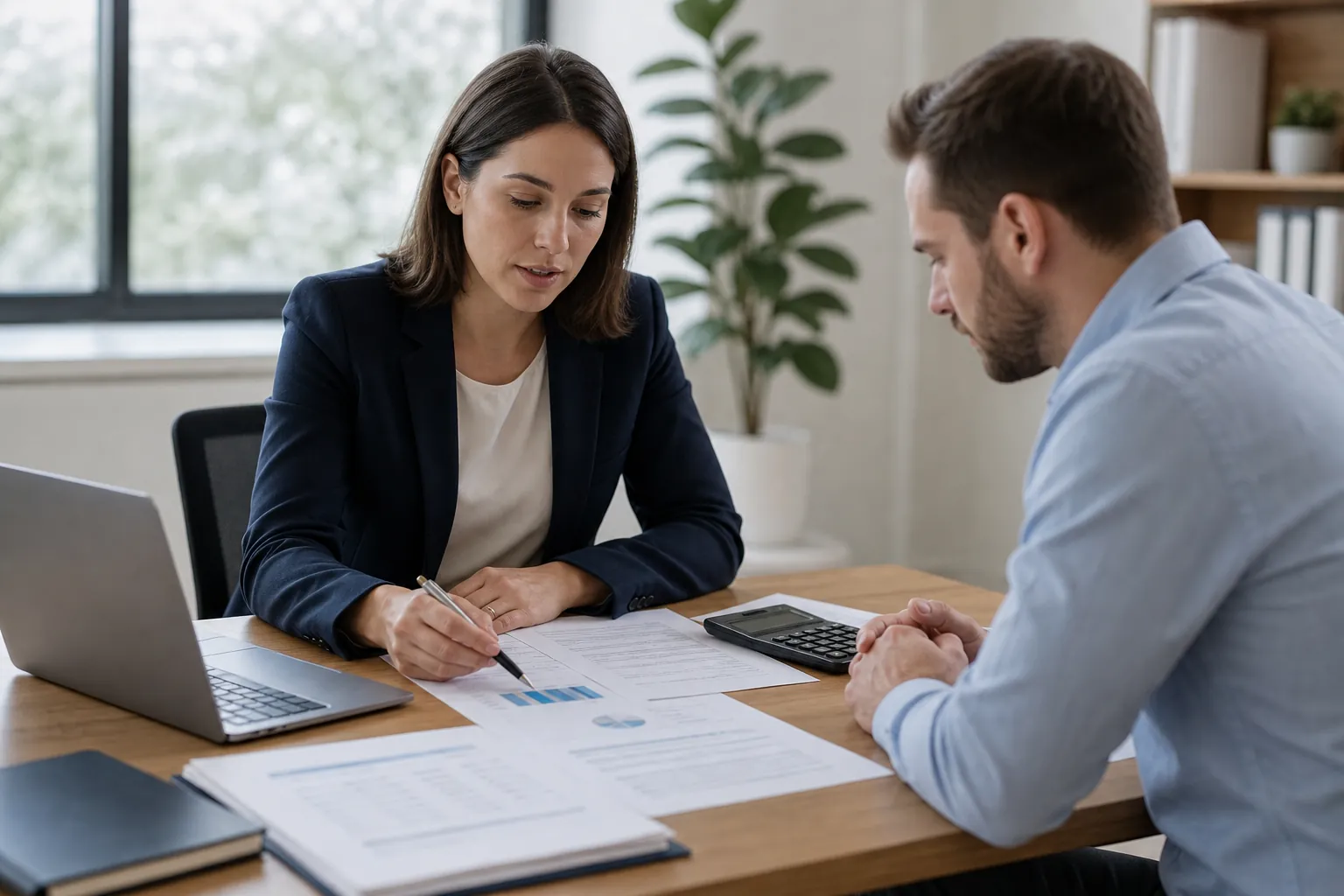 CPA Reviewing Estimated Tax Figures With a Founder A CPA reviews financial charts with a founder at a desk beside a calculator and laptop while discussing tax estimates.