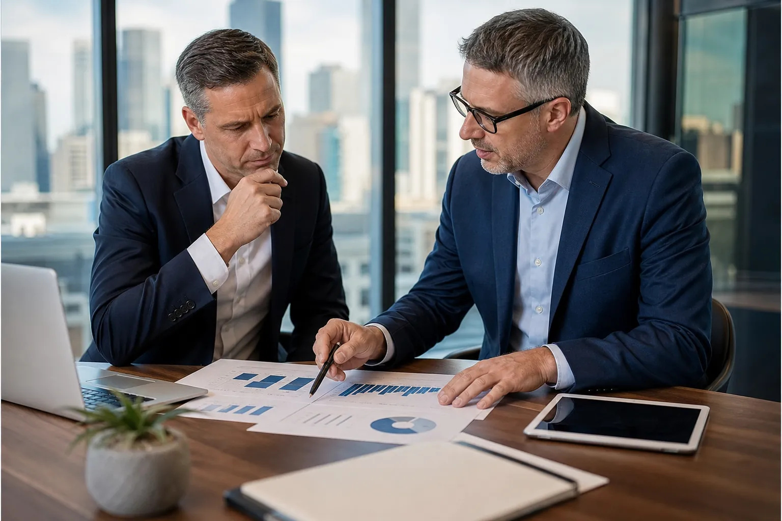 Business advisers reviewing exit readiness data Two business advisers review printed charts and financial data at a conference table in a city office.