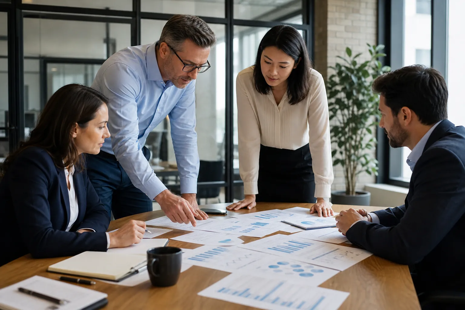 Business team reviewing readiness analysis reports Four business professionals review printed charts and reports around a conference table in a modern office.