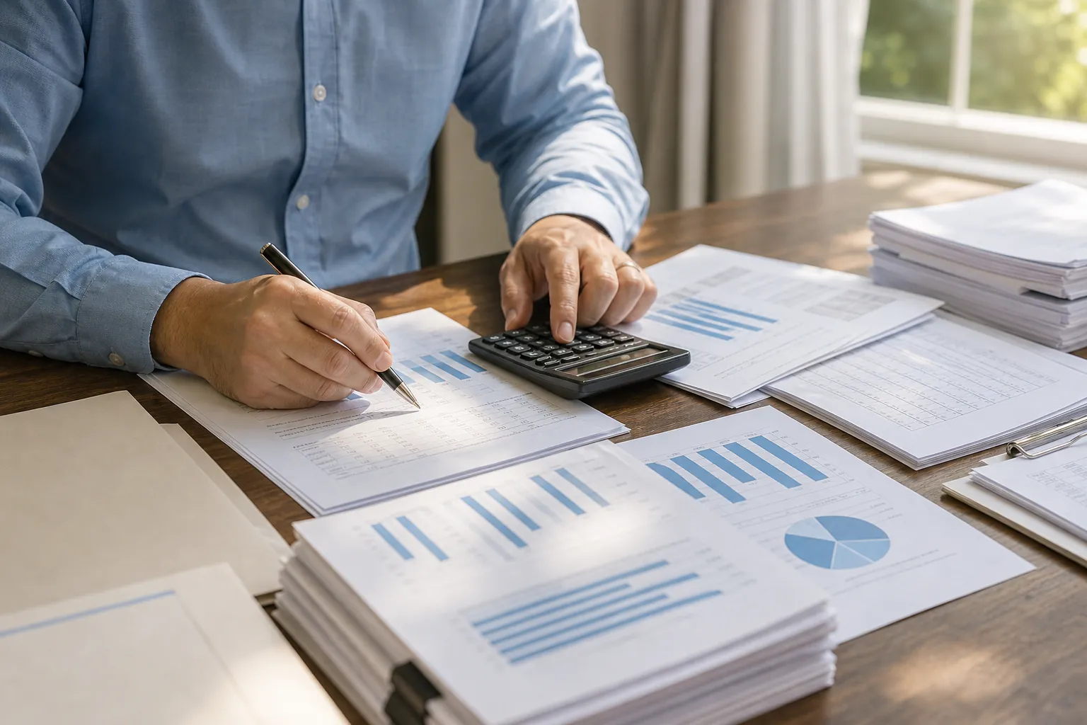Reviewing clean financial reports with a calculator A person uses a calculator and pen while reviewing financial reports with blue charts and tables on a desk.