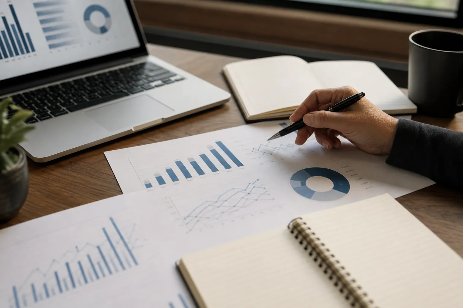 A hand points with a pen at financial charts beside a laptop, notebooks, and coffee on a wooden desk.