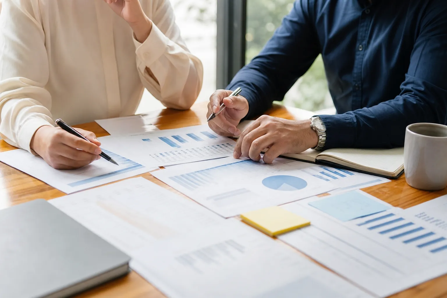 Two professionals review printed financial charts and take notes at a table during an annual planning meeting.