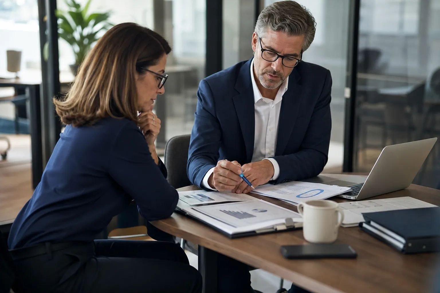 Two financial professionals review printed charts beside a laptop during a cash management planning meeting.