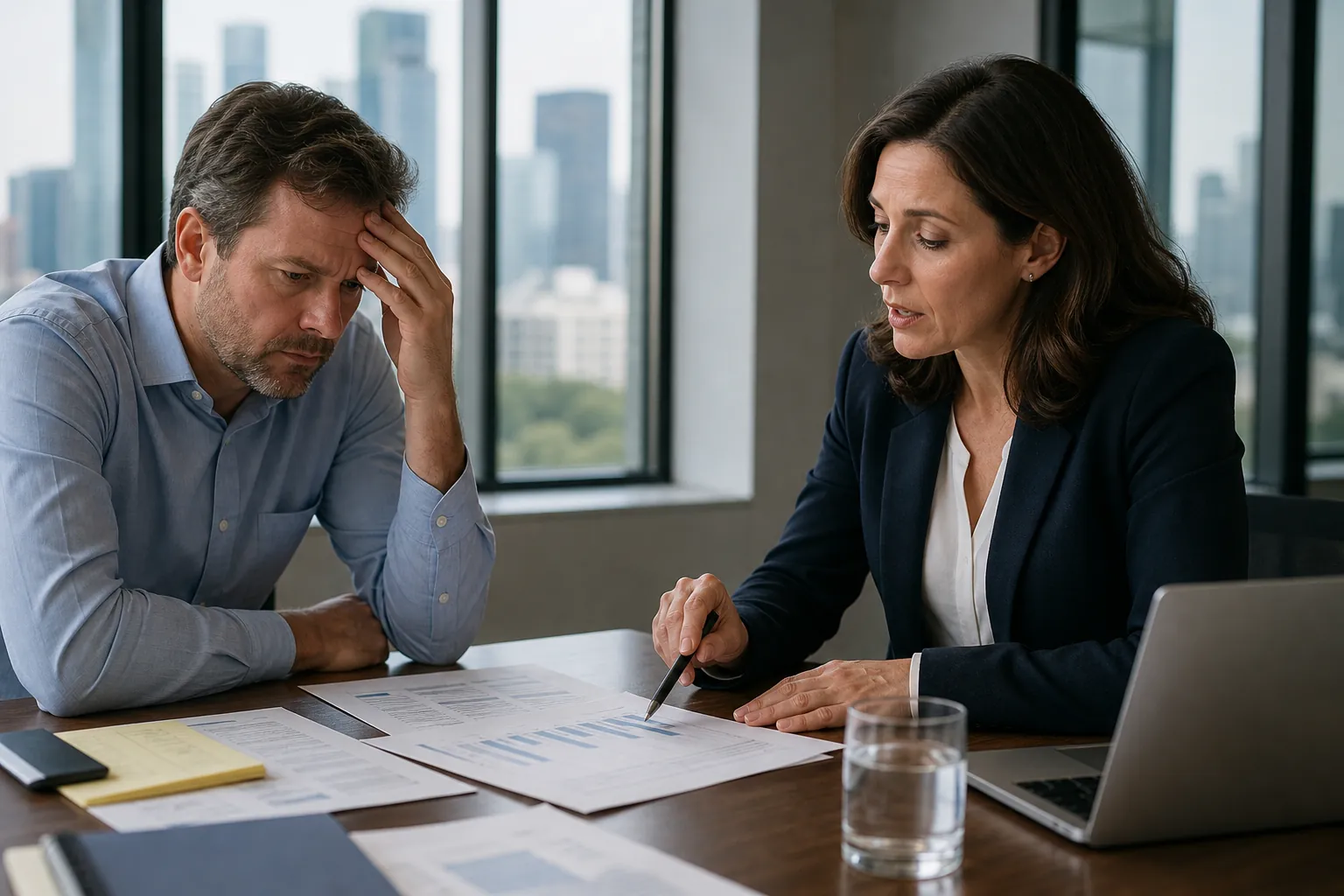 A financial adviser reviews printed charts with a worried businessman at an office table beside a laptop.