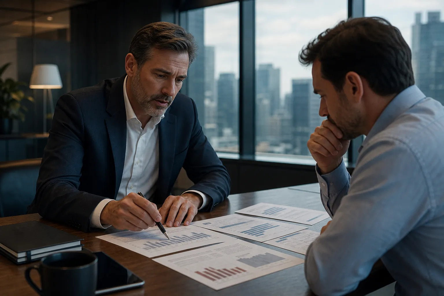 Two business professionals review financial charts at a conference table during a serious office discussion.