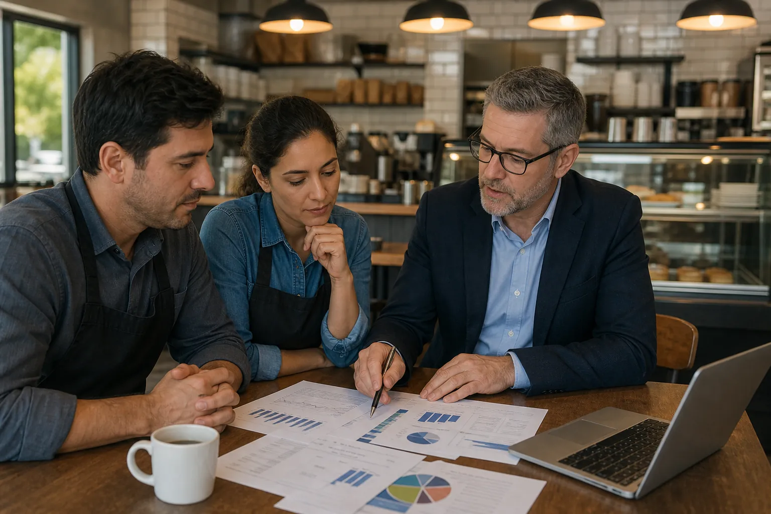 Franchise owners reviewing finances with a fractional CFO Two cafe owners review printed financial charts with a suited adviser at a table beside a laptop and coffee.