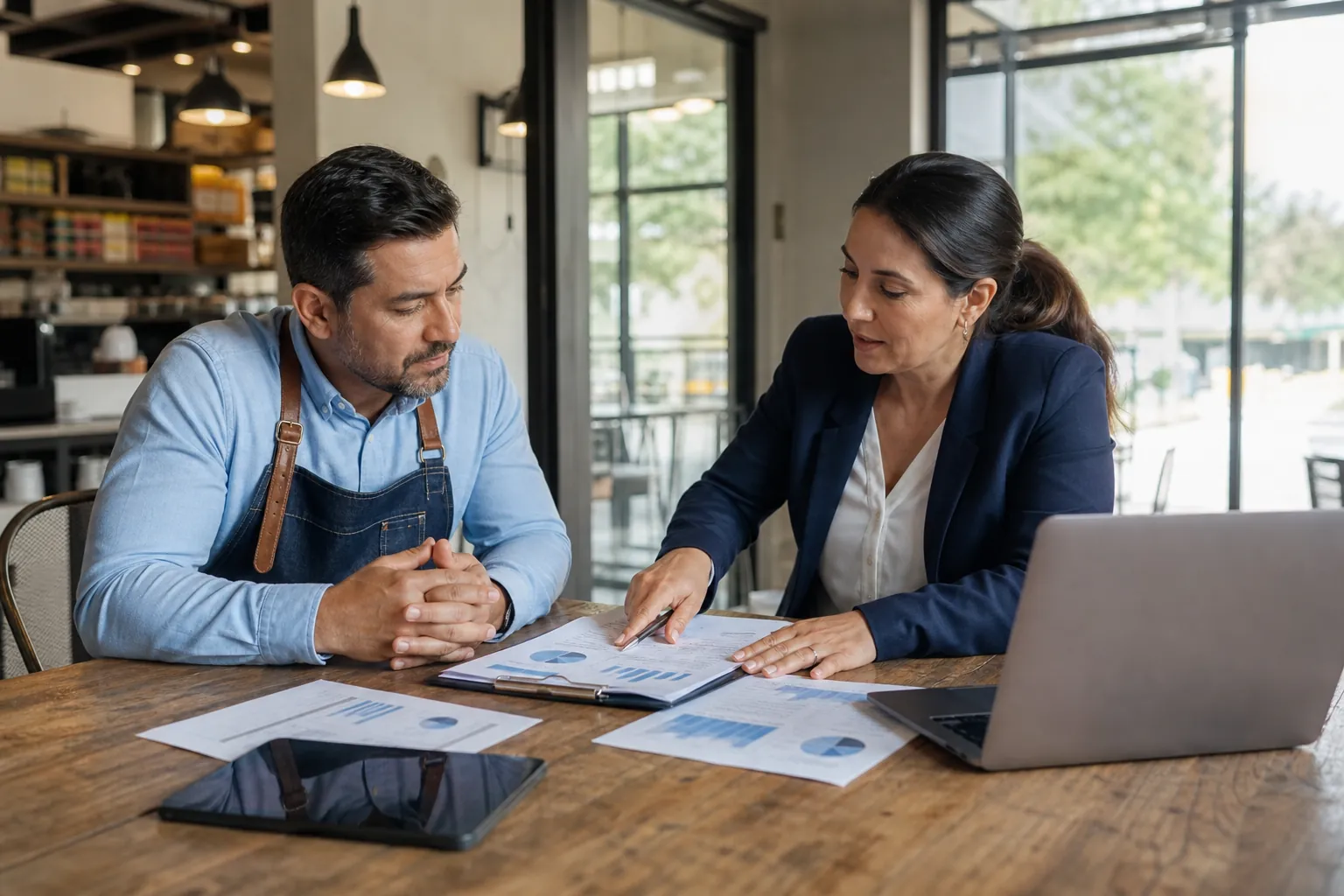 Financial adviser reviewing reports with a cafe owner A business adviser reviews financial charts with a cafe owner at a table beside a laptop and tablet.
