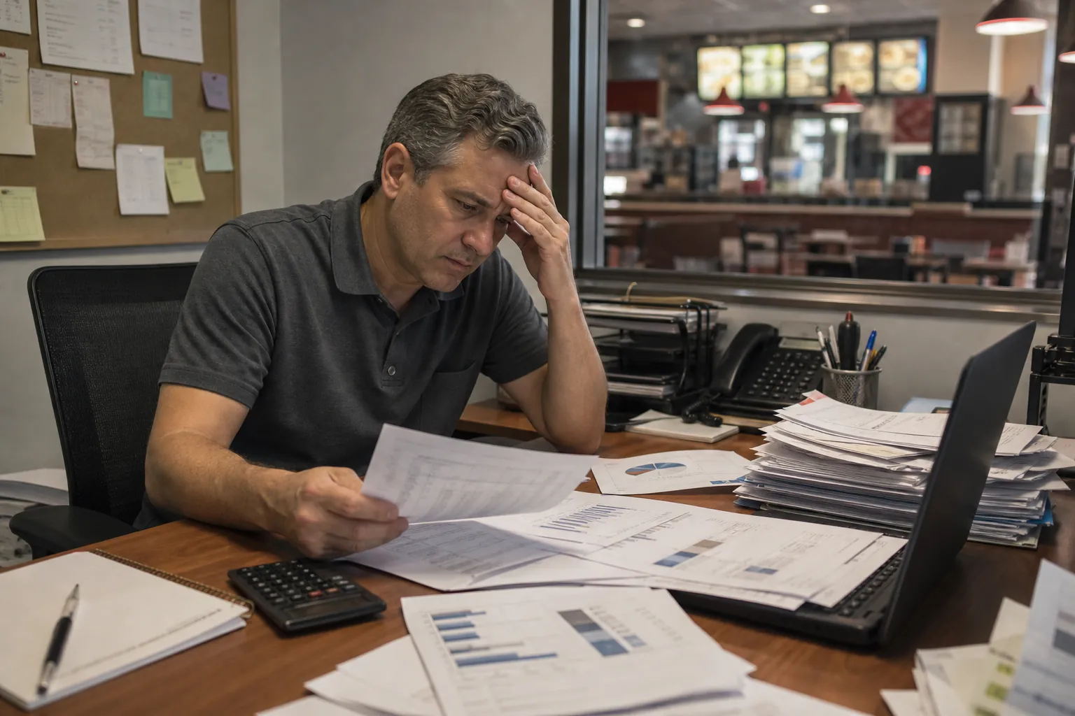 Franchise Owner Reviewing Complex Financial Reports Stressed franchise owner reviews financial reports at a cluttered desk overlooking a restaurant dining area.