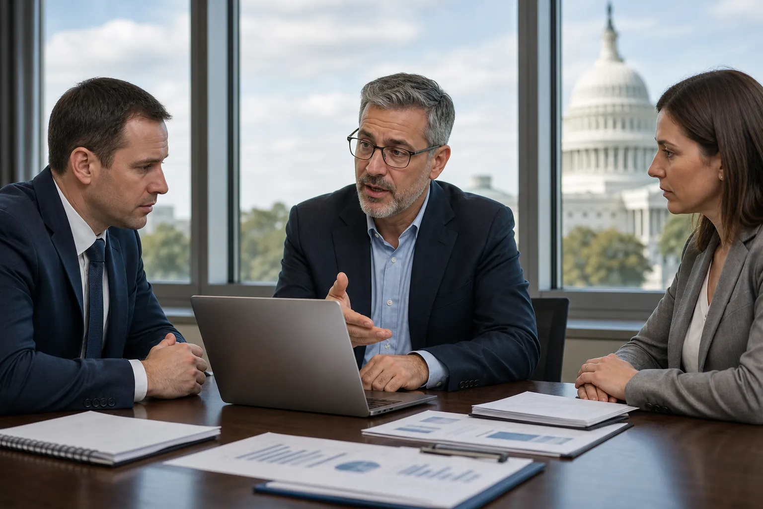Financial Planning Meeting Overlooking the U.S. Capitol Three business professionals meet around a laptop and financial charts, with the U.S. Capitol visible through office windows.
