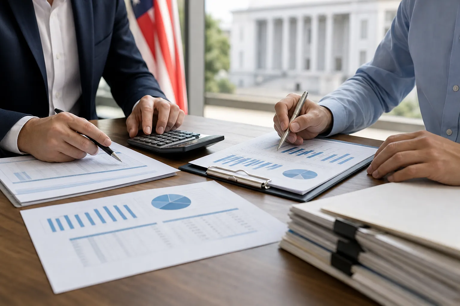 Financial Planning Meeting With Charts and Calculator Two people review financial charts with pens and a calculator at a desk, with a U.S. flag and columned building behind them.
