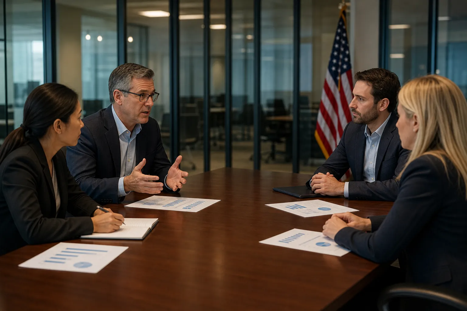 Financial Review Meeting in a Corporate Conference Room Four business professionals discuss printed financial charts around a conference table, with a U.S. flag behind them.