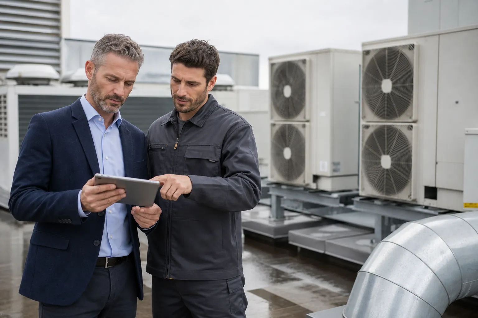 A suited business adviser and an HVAC technician review a tablet beside rooftop air-conditioning units.