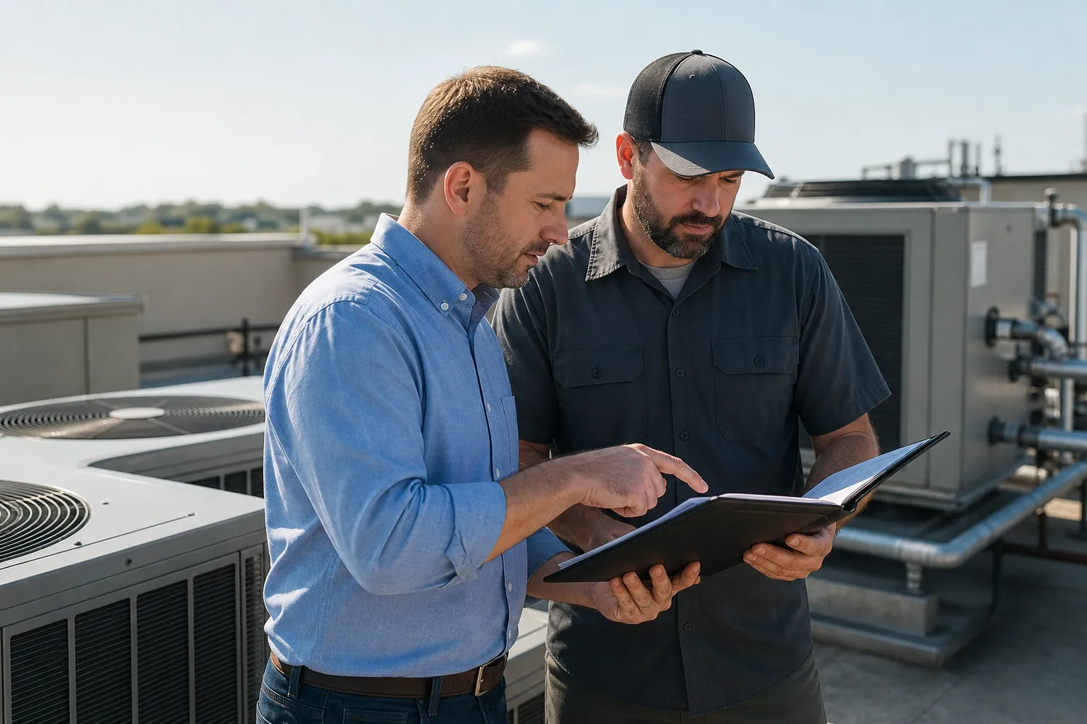 Two men review documents beside commercial HVAC equipment on a rooftop, suggesting job-level profitability analysis.