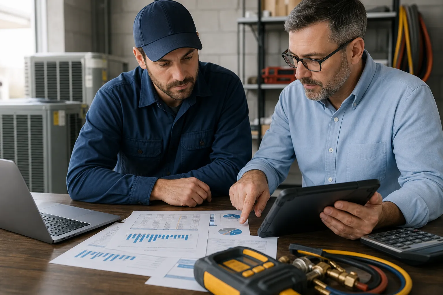 HVAC technician and financial adviser review charts on a tablet beside cooling units, gauges, a laptop, and calculator.