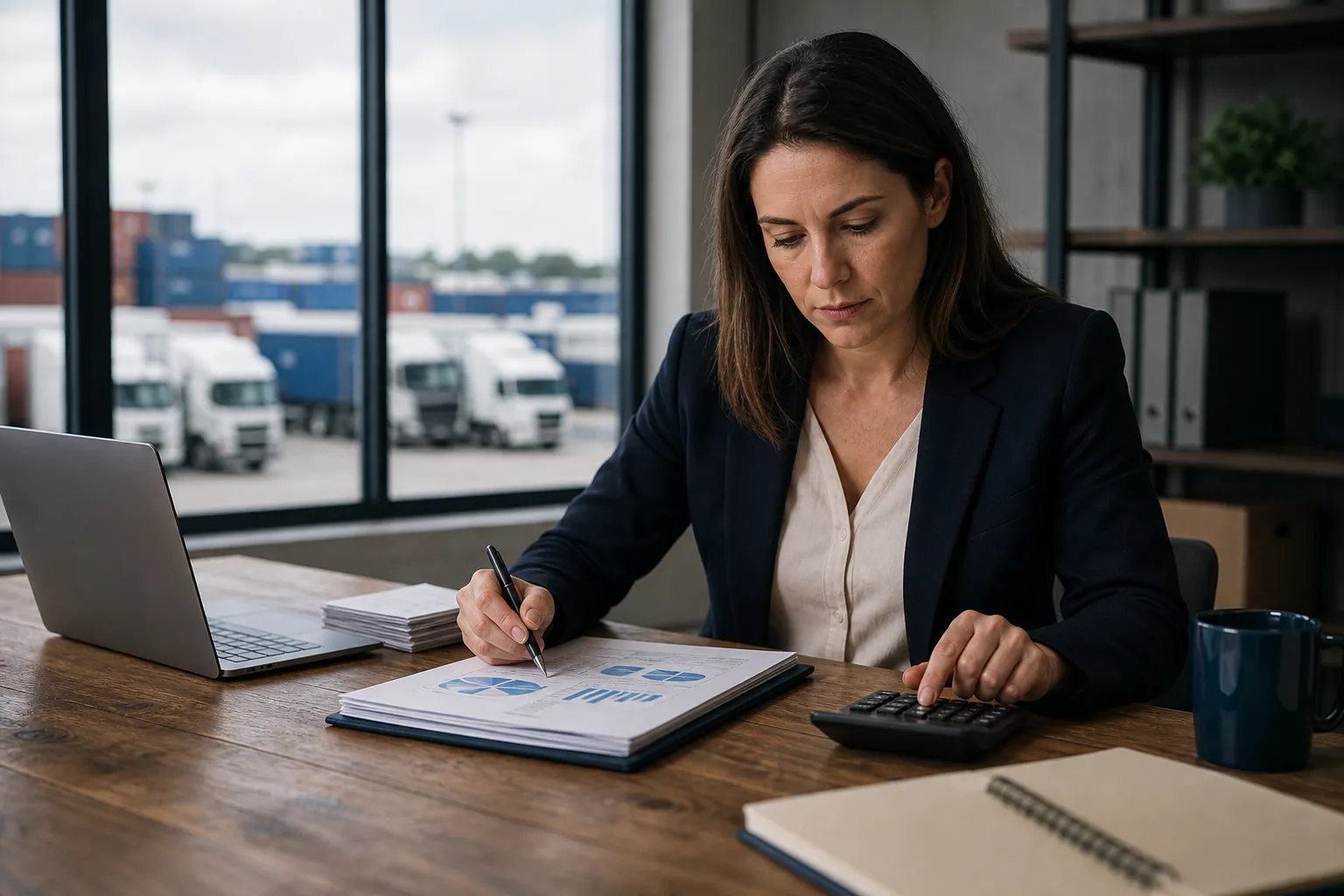 Active cash management for a logistics company Finance professional reviews charts and uses a calculator at a desk overlooking trucks in a logistics yard.
