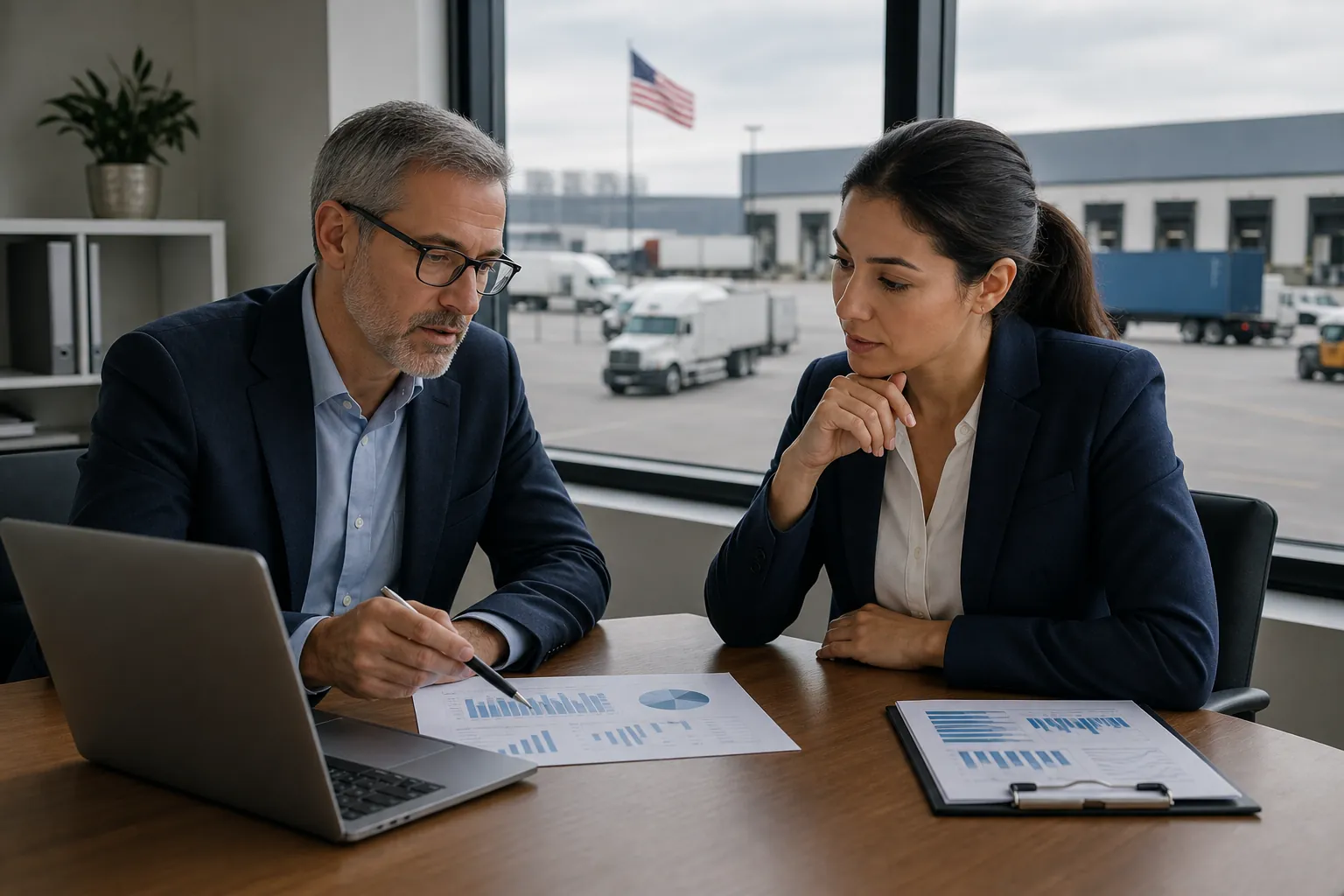 Finance professionals reviewing logistics company data Two finance professionals review charts at a laptop in an office overlooking trucks at a logistics warehouse.