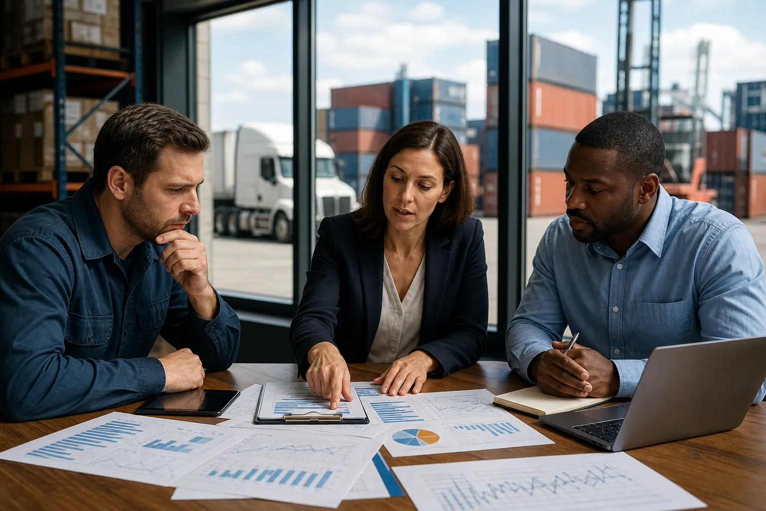 Logistics team reviewing financial reports in a warehouse Three logistics professionals review financial charts at a warehouse table, with trucks and shipping containers outside.