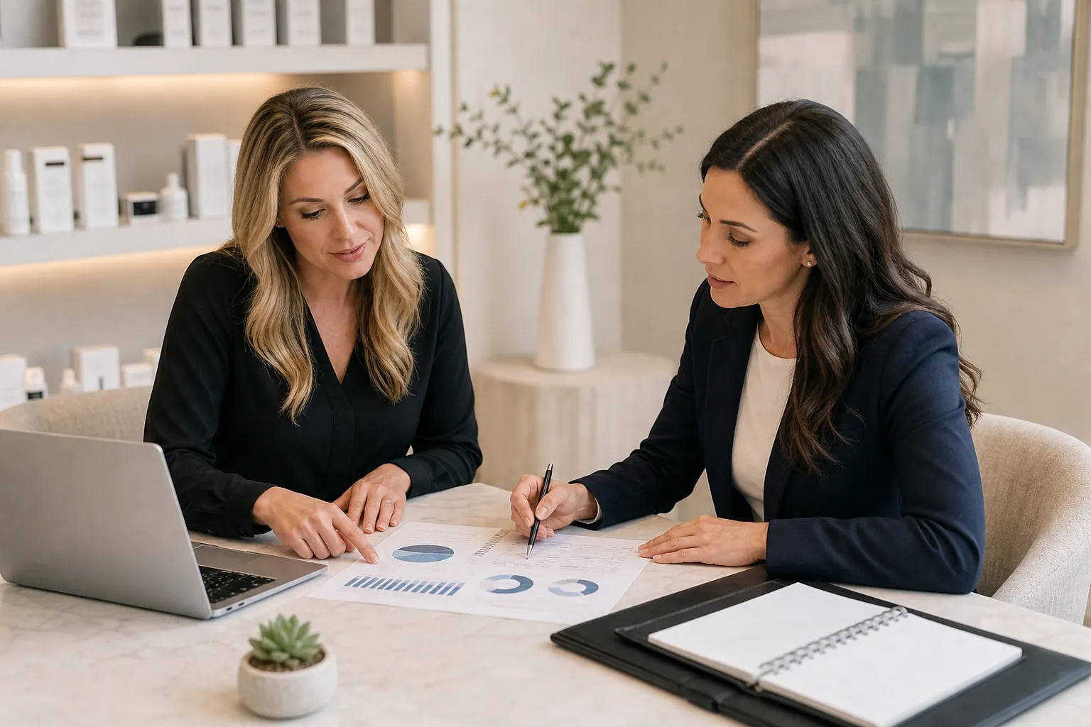 Two businesswomen review financial charts beside a laptop in a bright medical spa office with skincare products on shelves.