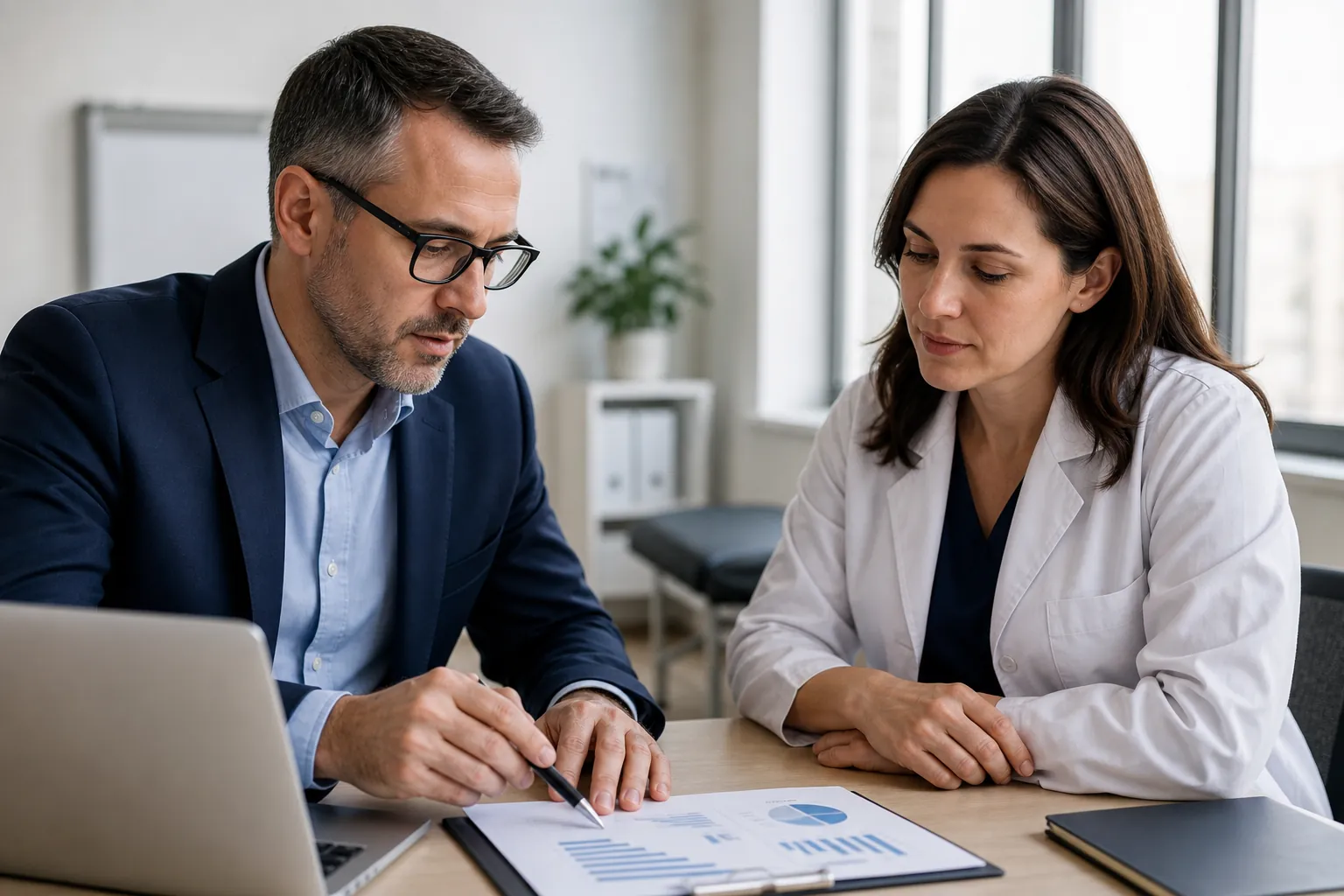 Financial adviser reviews charts with a clinician at a desk in an outpatient exam room.