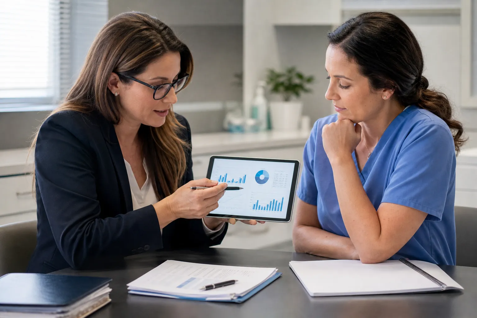 Financial adviser shows charts on a tablet to a clinician in blue scrubs during a clinic finance meeting.