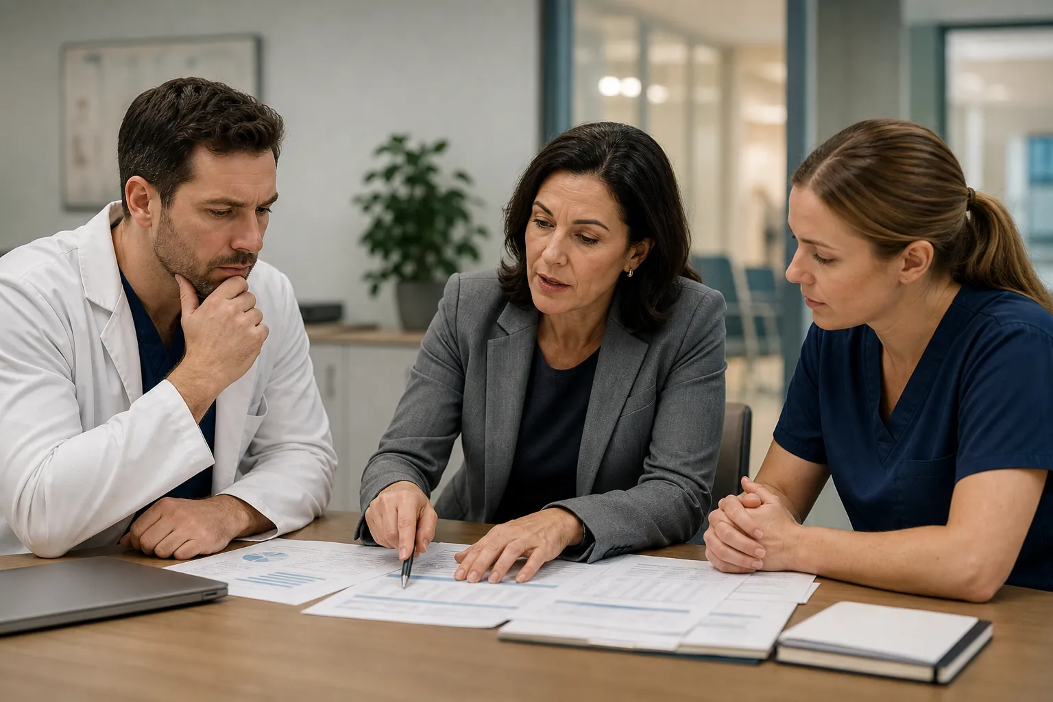 Financial advisor reviews printed reports with two outpatient clinic professionals at a conference table.