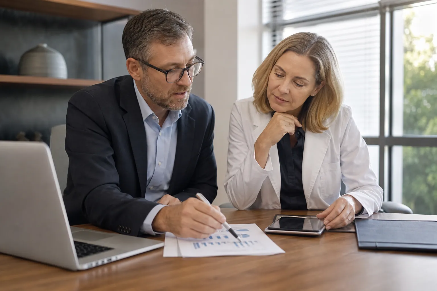 Financial adviser and physician review cash flow charts A business adviser reviews financial charts with a physician beside a laptop and tablet in a bright office.