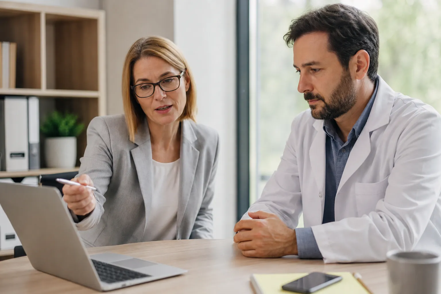 Financial adviser meeting with a physician A business adviser and physician review information on a laptop during a meeting in a medical office.