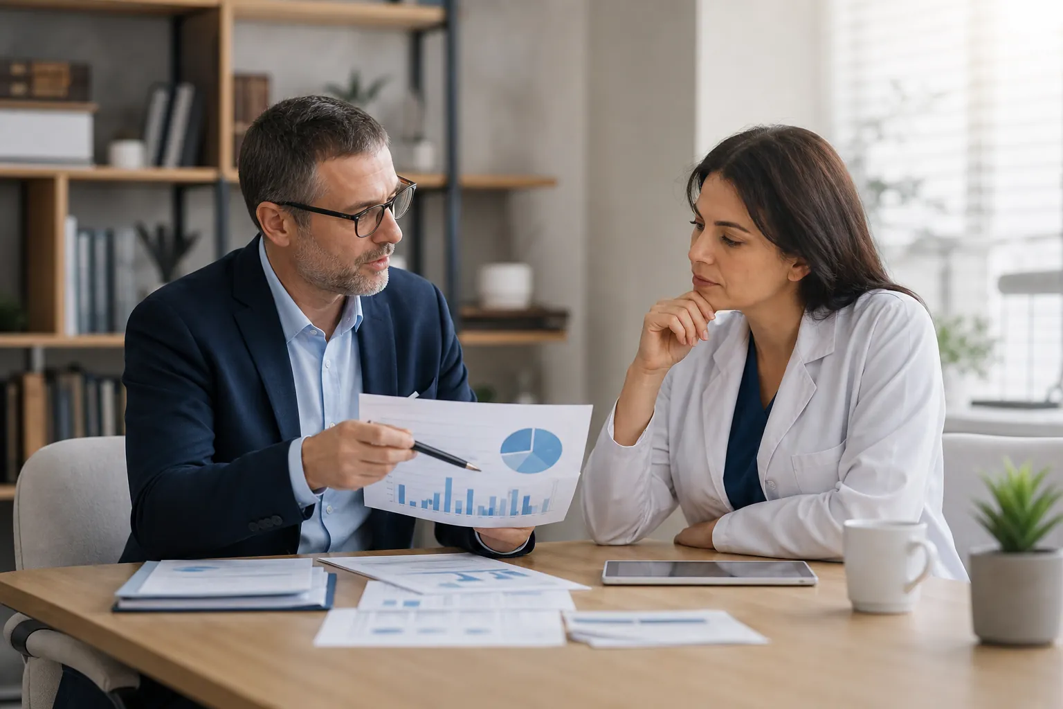 Financial adviser reviewing practice reports with a physician A financial adviser reviews charts with a physician at a desk covered with reports, a tablet, and a coffee mug.