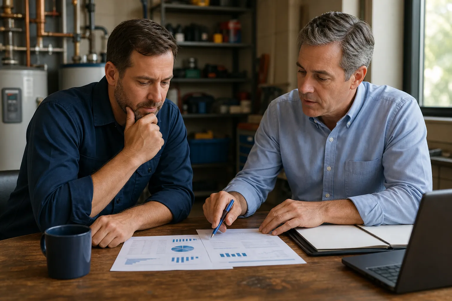 Two men review printed financial charts at a workshop table with plumbing equipment visible behind them.