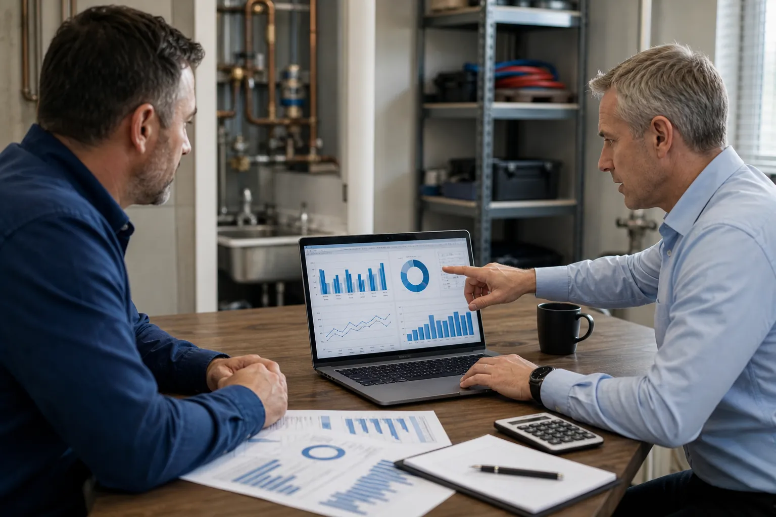 Two men review financial charts on a laptop at a table in a plumbing workshop with exposed pipes and tools.