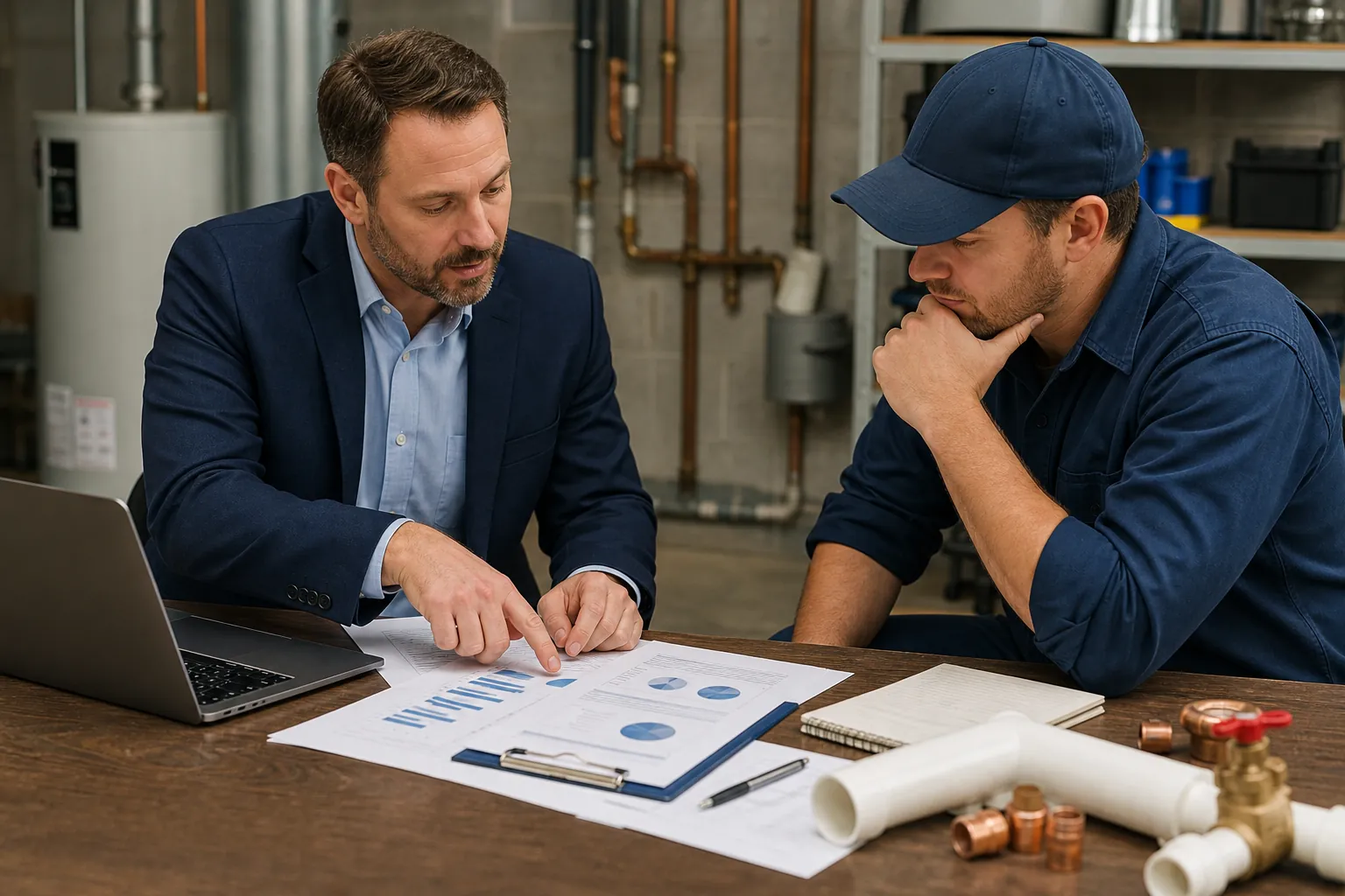 A financial adviser reviews charts with a plumber at a workshop table beside a laptop, pipes, and plumbing fittings.