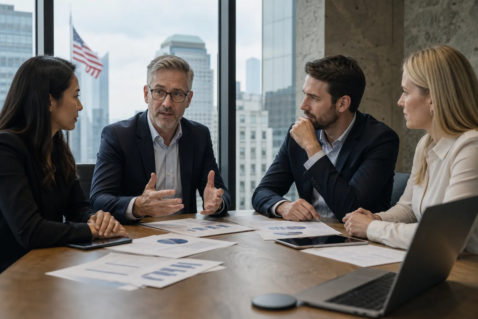 Finance team reviewing portfolio charts in an office meeting Four finance professionals discuss printed charts around a conference table in a city office with a laptop nearby.
