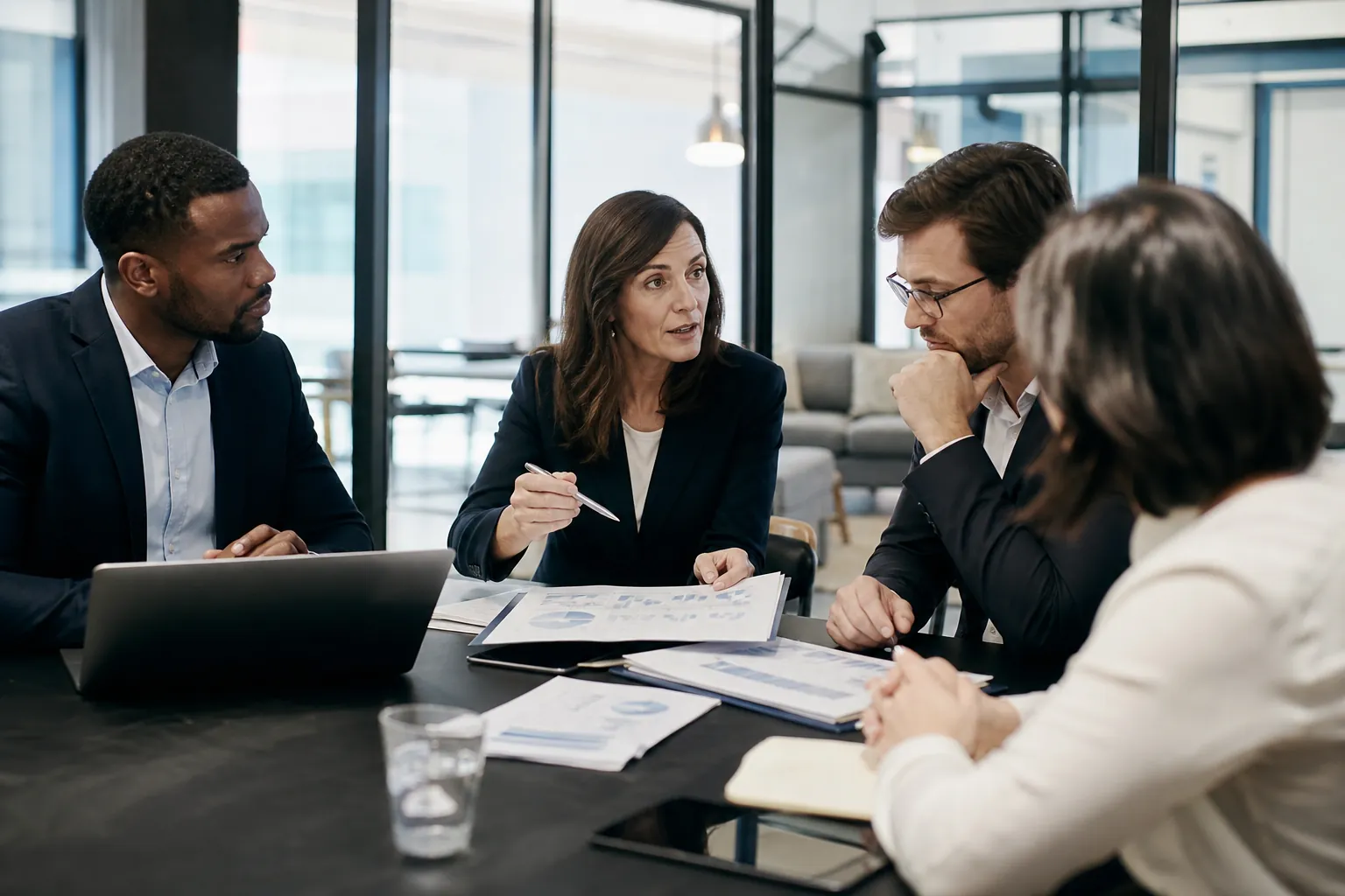 Finance team reviewing portfolio reports in a meeting Four finance professionals discuss printed charts around a conference table with a laptop in a modern office.