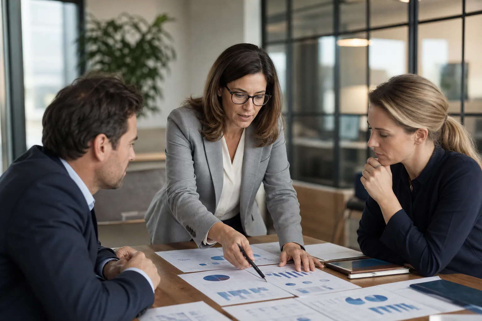 Finance leaders reviewing portfolio performance charts Three finance professionals review printed charts and graphs during a portfolio planning meeting in a modern office.