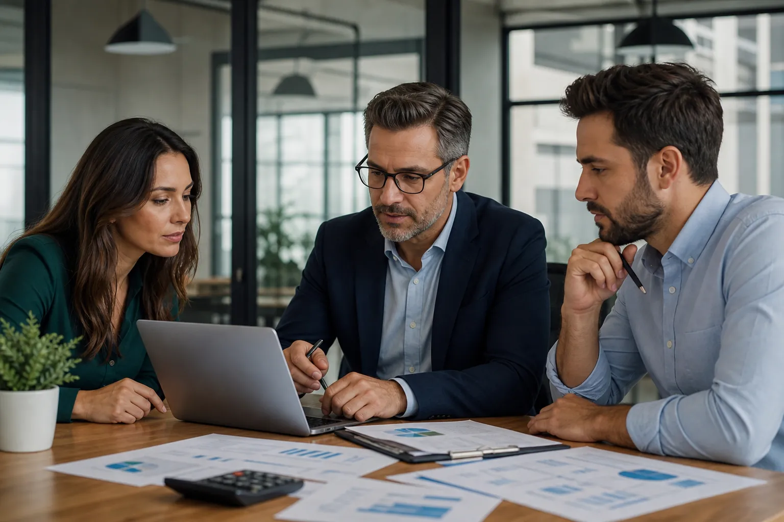 Financial professionals reviewing business reports Three financial professionals review charts and reports on a laptop at a conference table in a modern office.