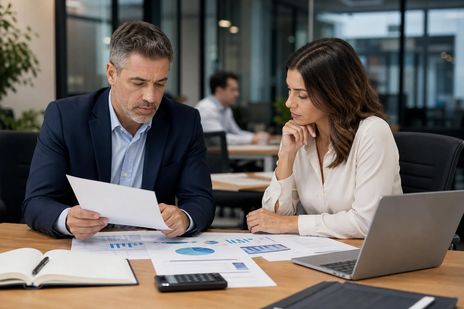 Financial professionals reviewing staffing agency reports Two financial professionals review printed charts beside a laptop and calculator in a modern office.