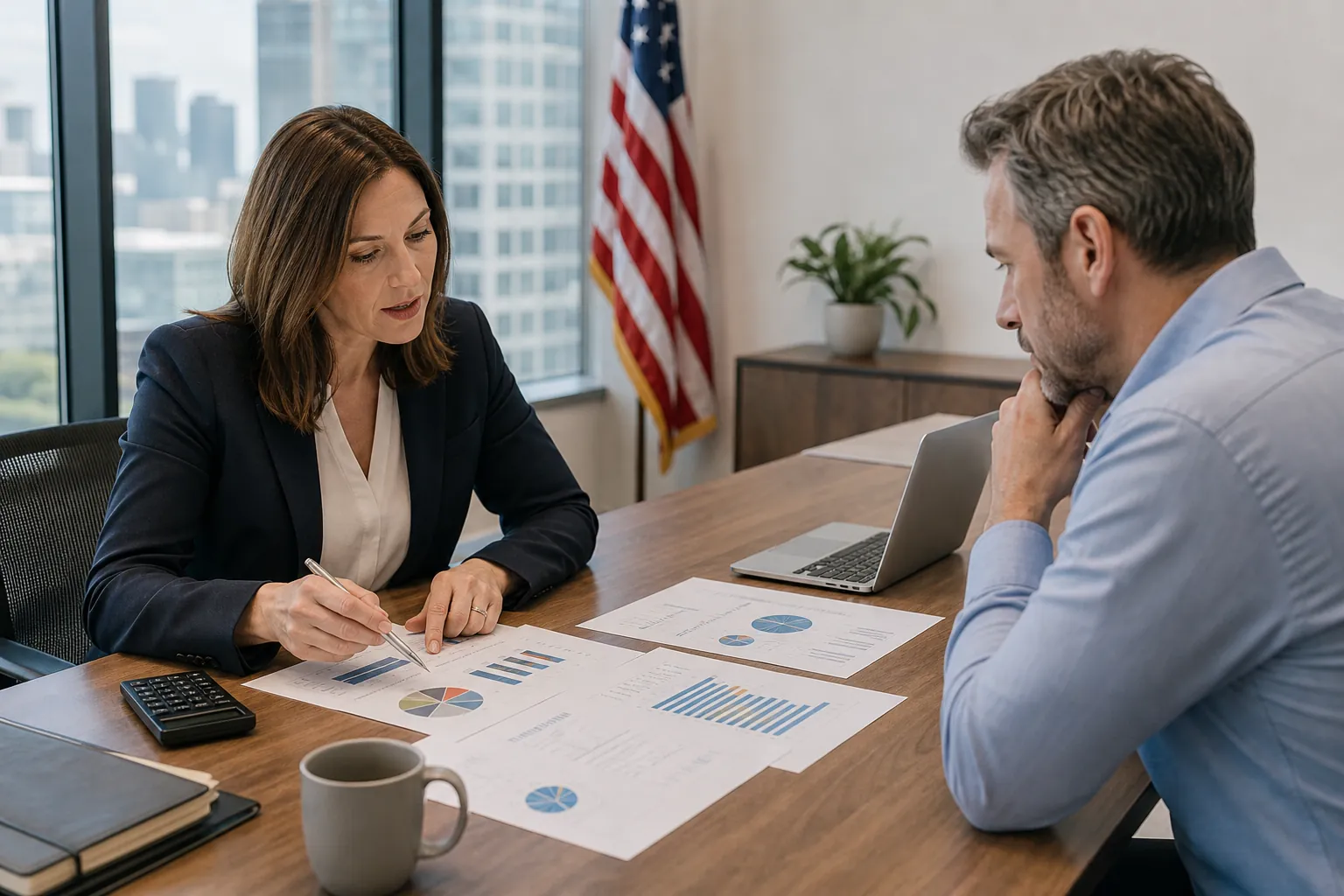 Financial strategy consultation with charts and laptop Financial adviser reviews printed charts with a client across an office desk beside a laptop and calculator.
