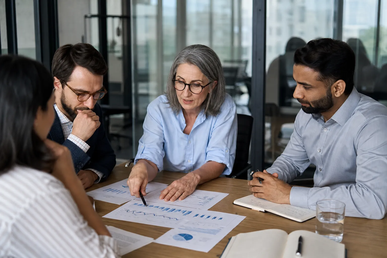 Financial Strategy Discussion With a Fractional CFO Four business professionals review printed financial charts together during a focused office meeting.