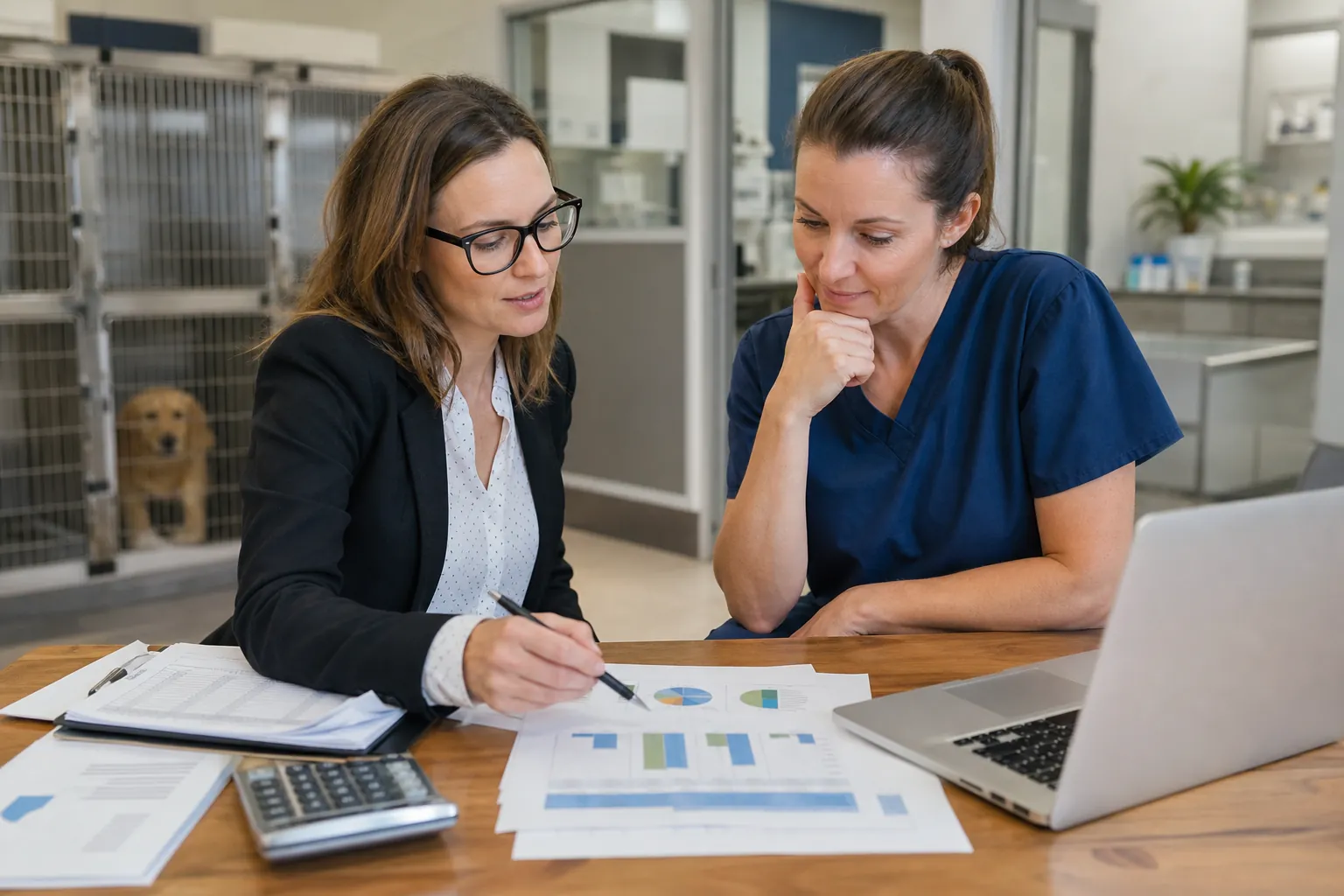Veterinary practice financial planning and cash flow review A financial adviser reviews cash flow charts with a veterinary professional at a clinic desk, with a dog in a kennel behind them.