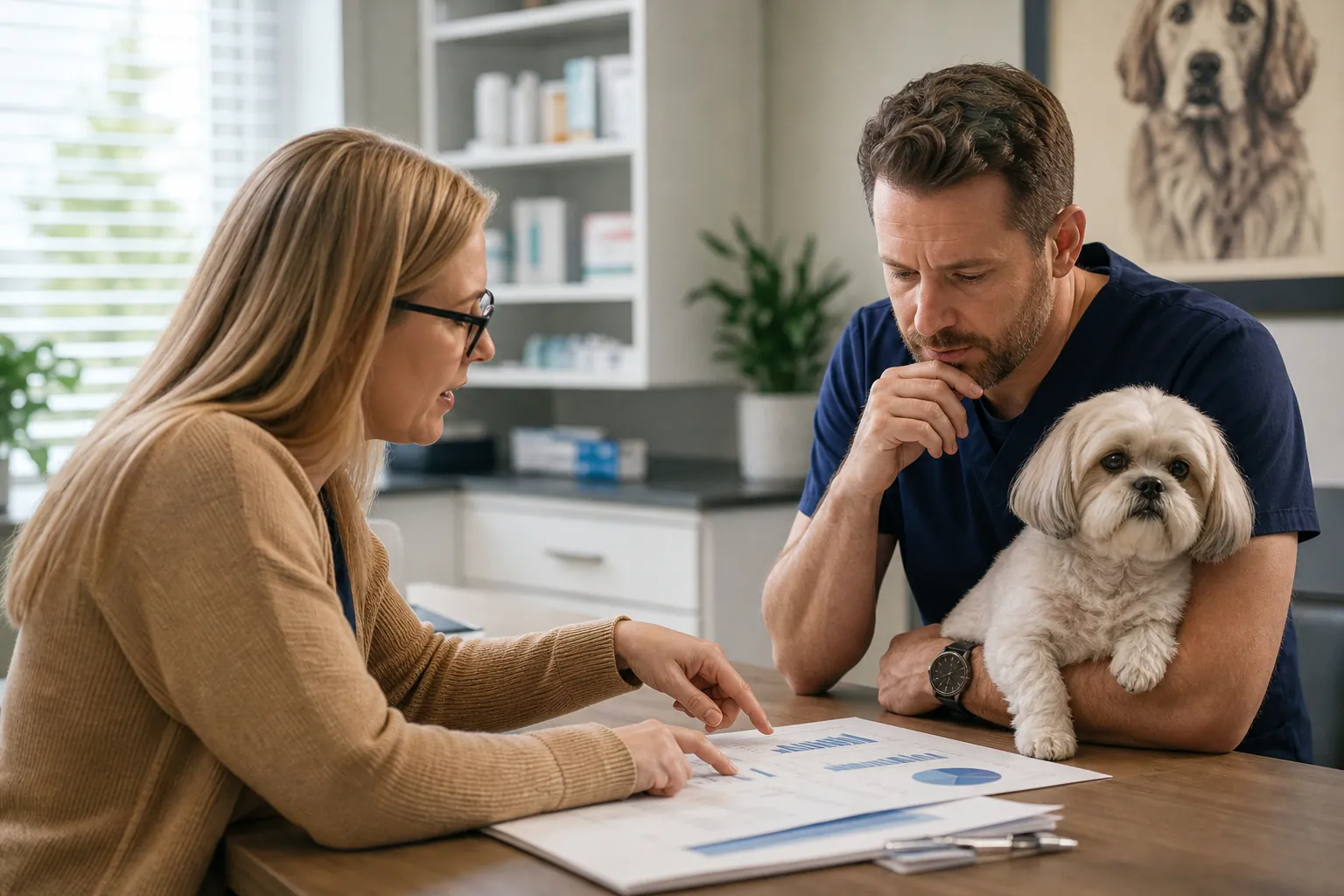 Veterinary Practice Financial Planning Discussion A veterinary professional holds a small dog while reviewing financial charts with a female adviser at a clinic table.