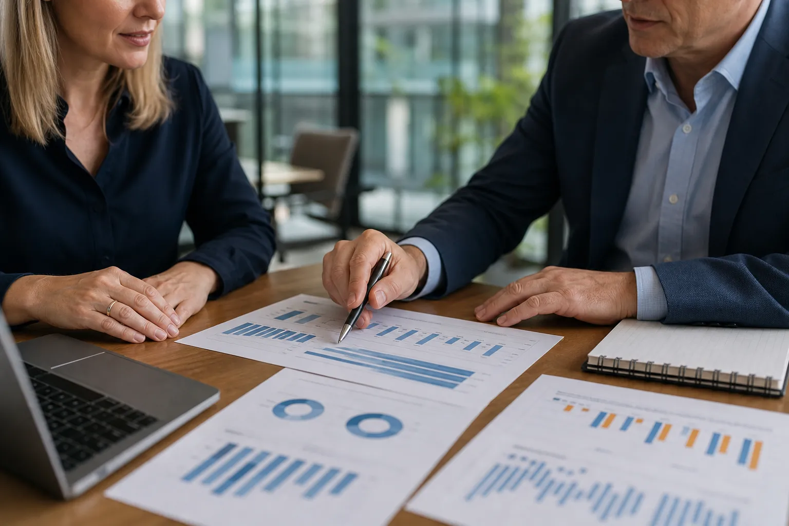 Finance professionals reviewing profitability reports Two finance professionals review printed bar charts and profitability reports at a conference table with a laptop.