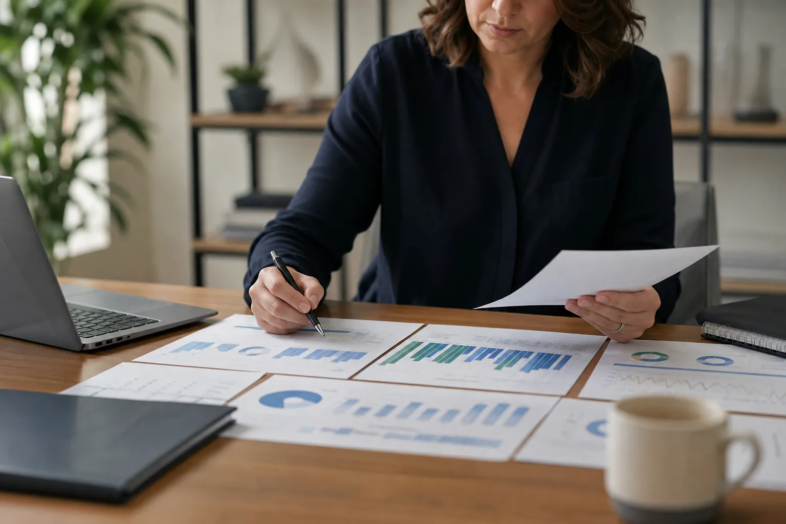 Financial professional reviewing a CFO reporting package Financial professional reviews printed charts and reports at a desk with a laptop, notebook, pen, and coffee mug.