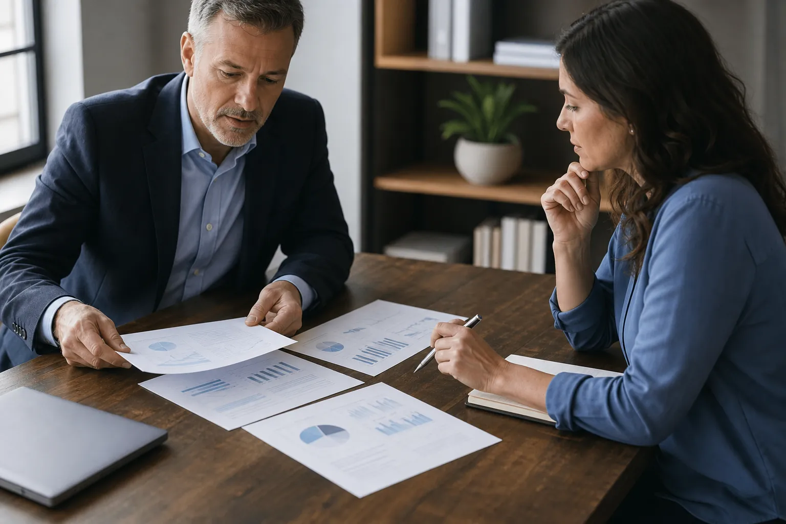 Finance Professionals Reviewing Core Financial Statements Two finance professionals review printed charts and financial reports together at a wooden office table.