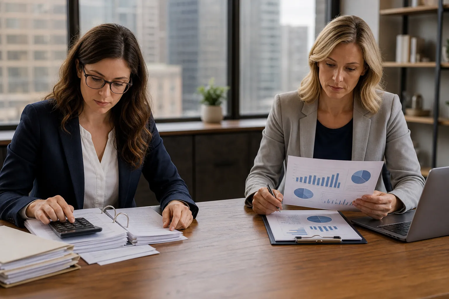 Two financial professionals review calculations, reports, and charts at a desk with a laptop in a modern office.