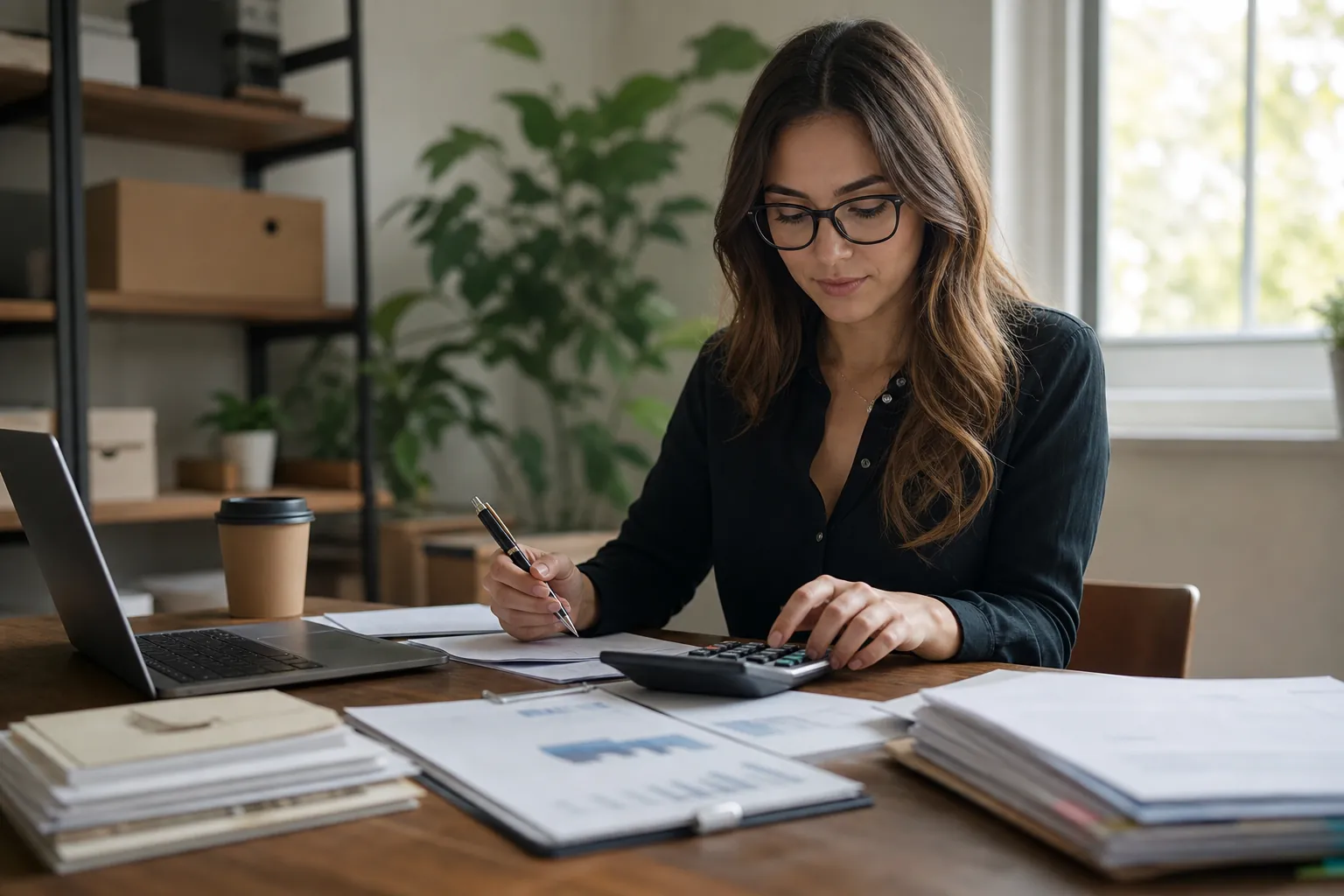A woman uses a calculator and writes on financial documents beside a laptop at a home office desk.